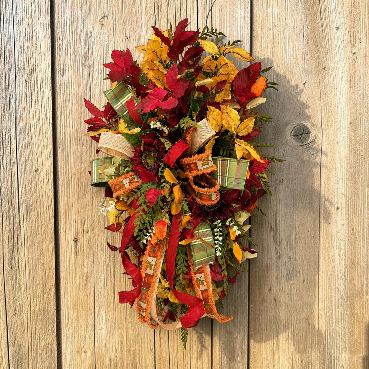 Fall Sunflower Door Swag | Burgundy Elm Leaves & Designer Bow | 36" Autumn Decor TCT Crafts