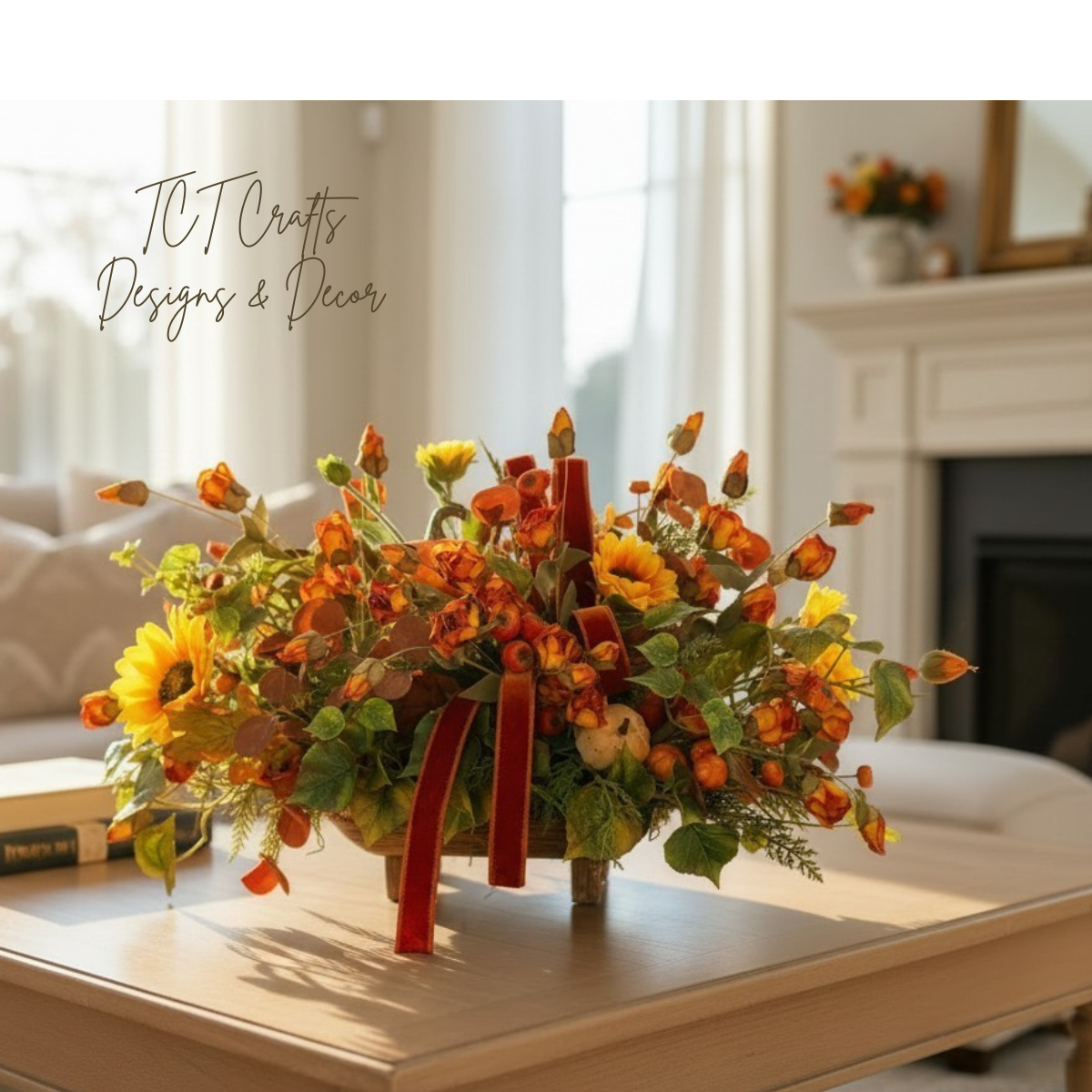 Fall Pumpkin and Sunflower Centerpiece on Wooden Pedestal Tray TCT Crafts
