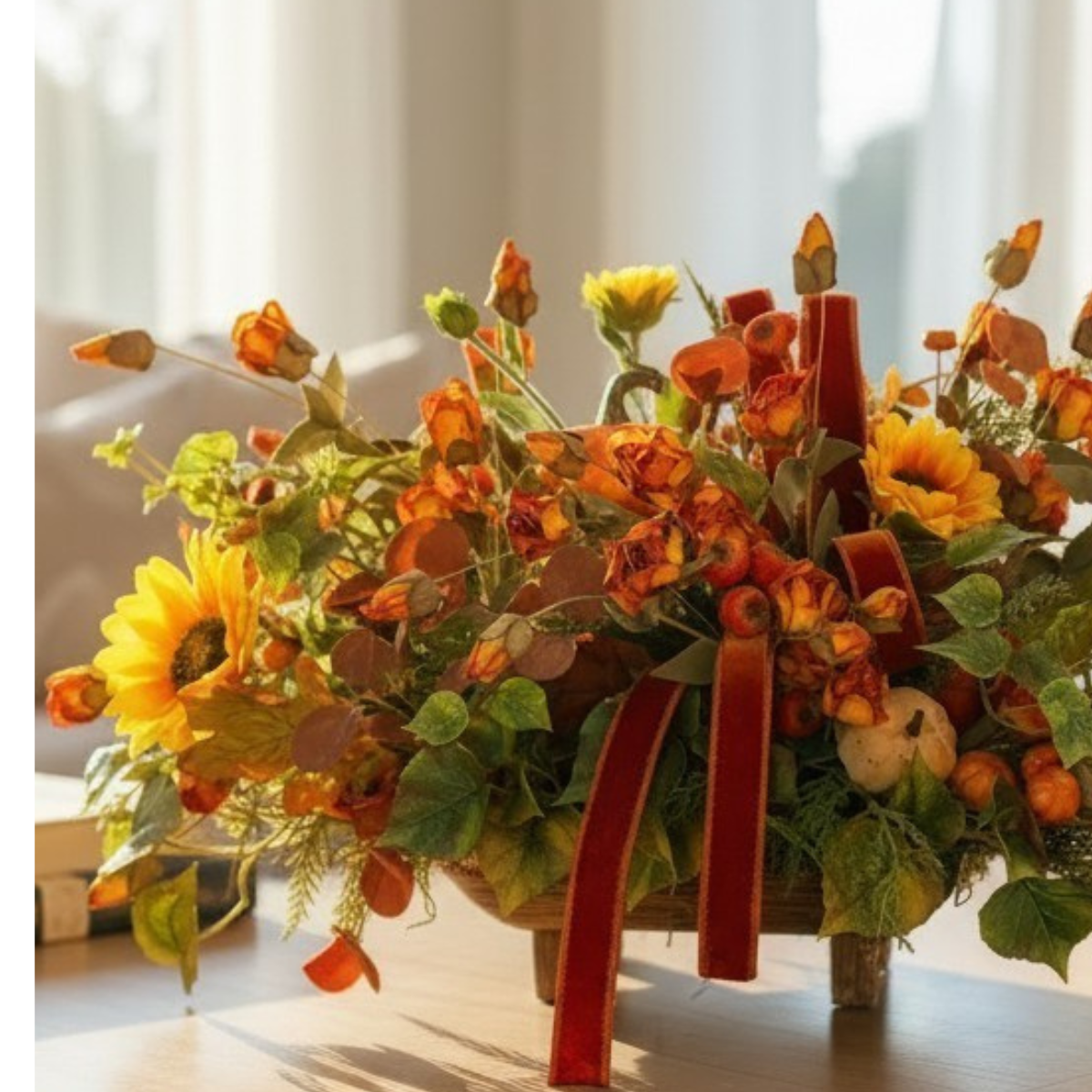 Fall Pumpkin and Sunflower Centerpiece on Wooden Pedestal Tray TCT Crafts