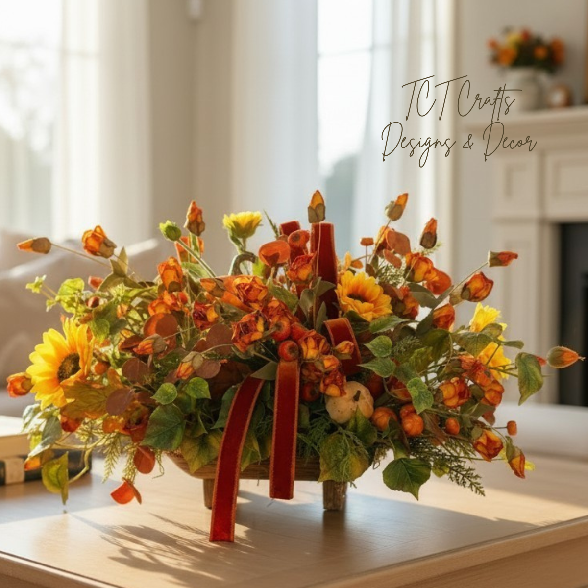 Fall Pumpkin and Sunflower Centerpiece on Wooden Pedestal Tray TCT Crafts