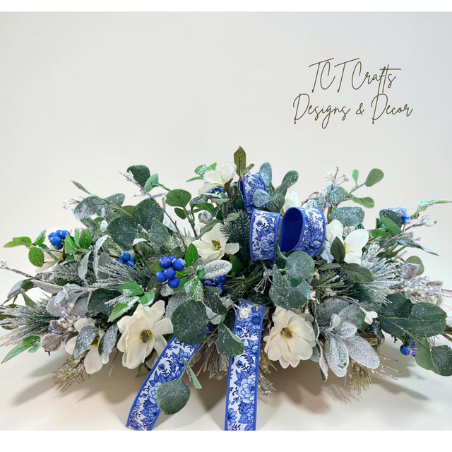 Blue White Silver Magnolia Winter Christmas Centerpiece TCT Crafts