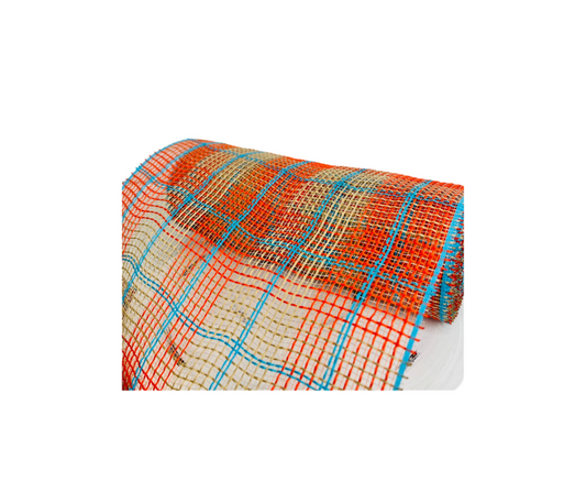 10.25" x 10yd Fall Plaid Faux Jute Mesh Roll - Orange, Natural & Turquoise, Ideal for Wreath Making-RY8331X4 TCT Crafts