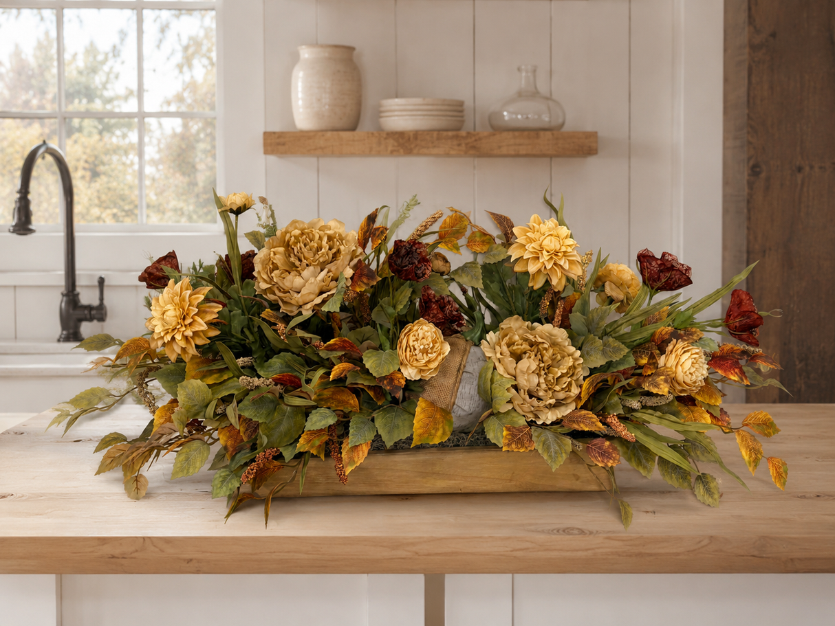 Fall Pumpkin Centerpiece | Dough Bowl Peony Dahlia Arrangement | 39"L x 18"H TCT Crafts
