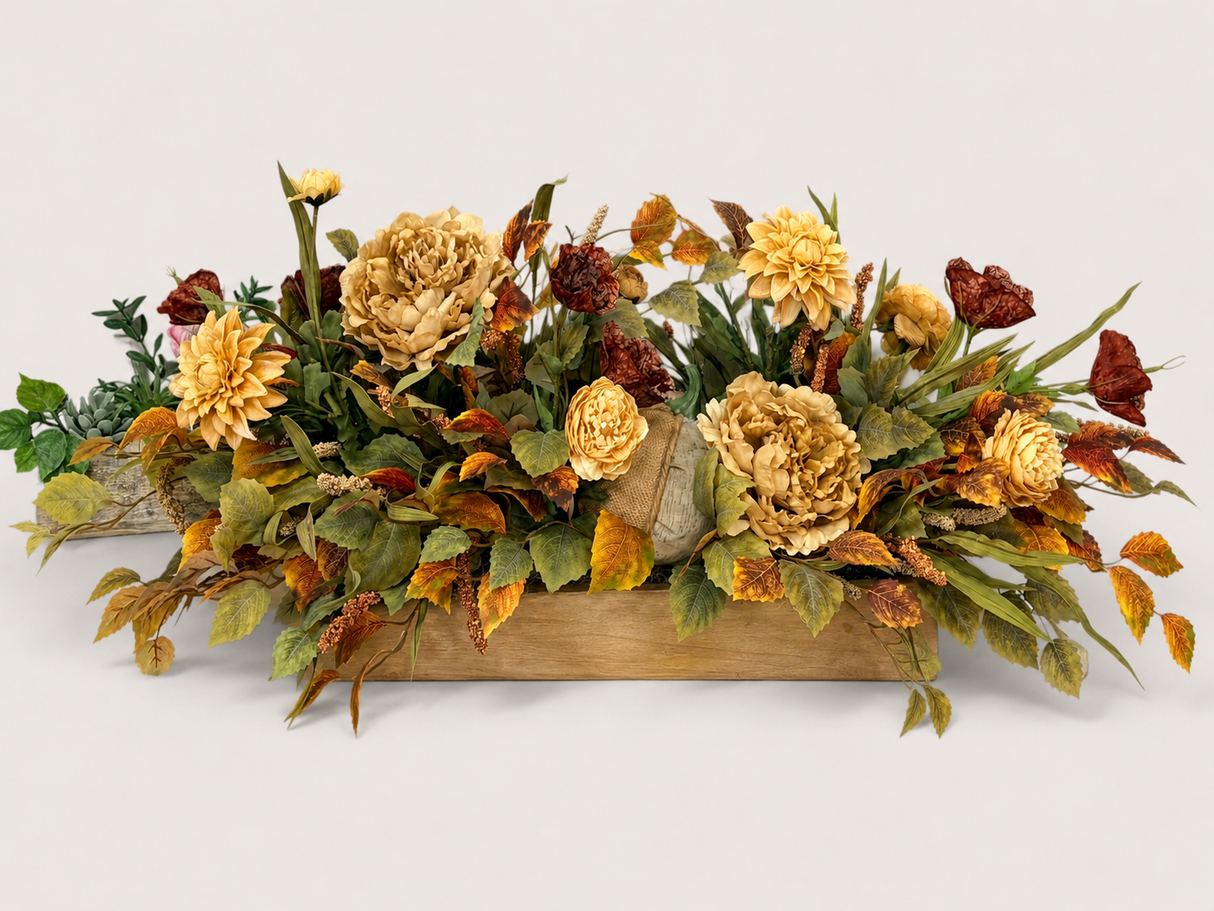 Fall Pumpkin Centerpiece | Dough Bowl Peony Dahlia Arrangement | 39"L x 18"H TCT Crafts