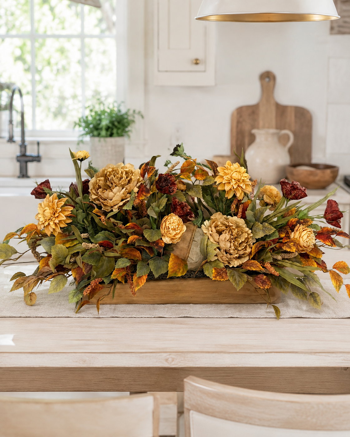 Fall Pumpkin Centerpiece | Dough Bowl Peony Dahlia Arrangement | 39"L x 18"H TCT Crafts
