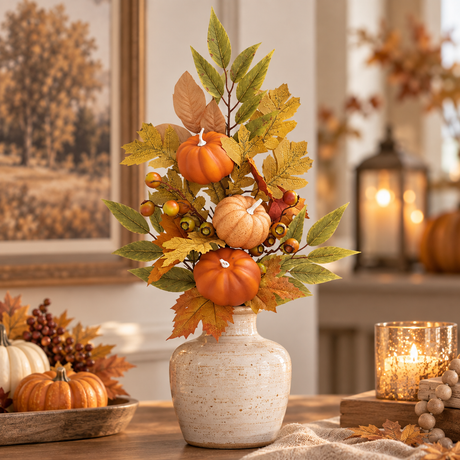 30" Orange & Cream Pumpkin Berry Leaf Spray-85302 Golden Bell