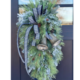 Farmhouse Buffalo Check Winter Swag with Bells | Rustic Christmas Door Decor | Large Greenery Holiday Swag 34"x16