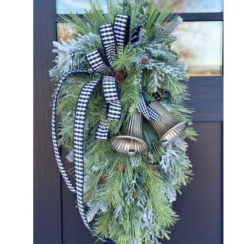 Farmhouse Buffalo Check Winter Swag with Bells | Rustic Christmas Door Decor | Large Greenery Holiday Swag 34