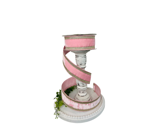 RK299-64 2.5 Inch Baby Pink Velvet Farrisilk Wired Ribbon Trimmed with Platinum Pleated Borders - Luxurious for Home Décor, Wreath Making Farrisilk