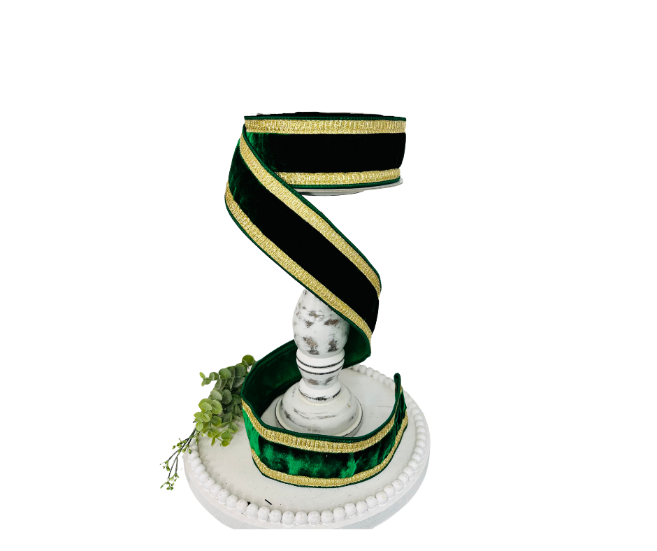 RK299-55 2.5 Inch Emerald Green Velvet Farrisilk Wired Ribbon Trimmed with Gold Pleated Borders - Luxurious for Home Décor, Wreath Making