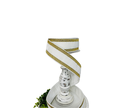 RK299-84 2.5 Inch White Velvet Farrisilk Wired Ribbon Trimmed with Gold Pleated Borders - Luxurious for Home Décor, Wreath Making Farrisilk