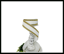 Load image into Gallery viewer, RK299-84 2.5 Inch White Velvet Farrisilk Wired Ribbon Trimmed with Gold Pleated Borders - Luxurious for Home Décor, Wreath Making