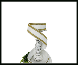 RK299-84 2.5 Inch White Velvet Farrisilk Wired Ribbon Trimmed with Gold Pleated Borders - Luxurious for Home Décor, Wreath Making