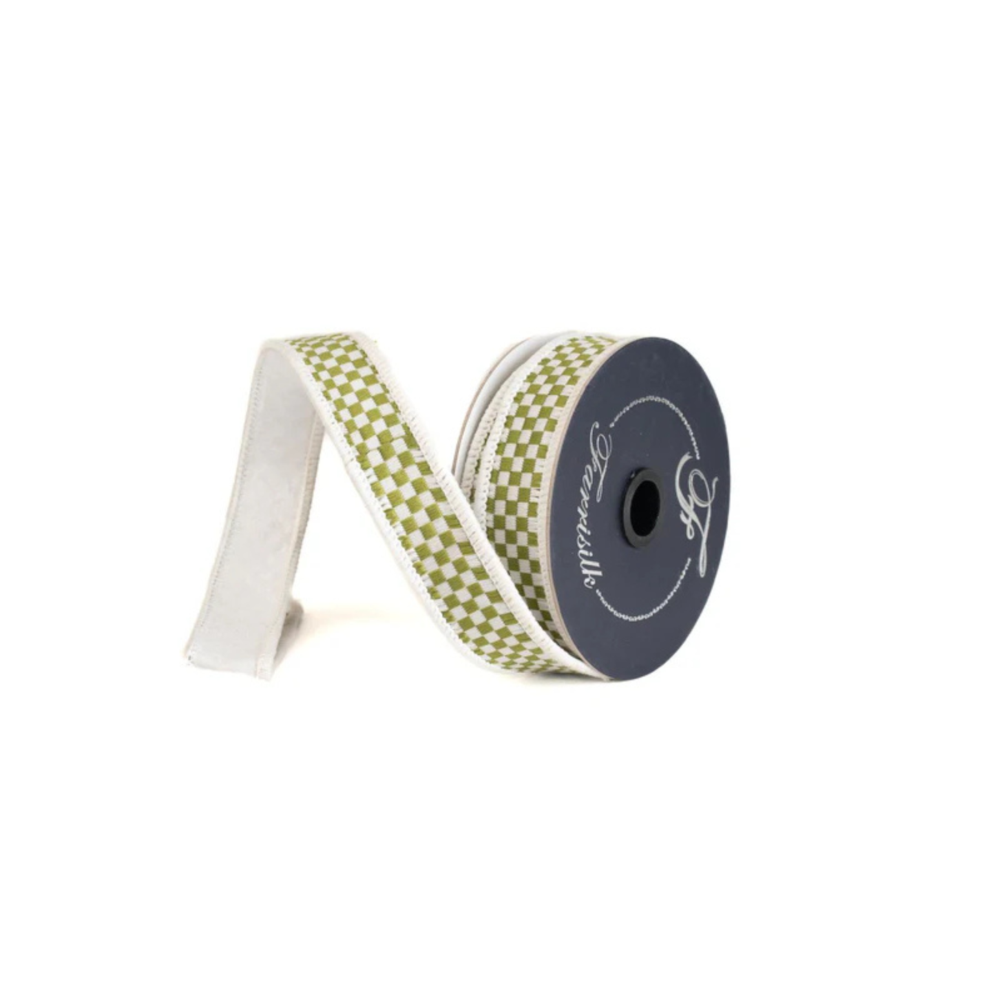 Farrisilk Olive Ivory Check Wired Ribbon 1 Inch Designer Ribbon-RK848-76 Farrisilk