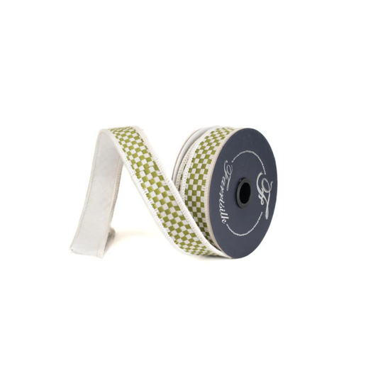 Farrisilk Olive Ivory Check Wired Ribbon 1 Inch Designer Ribbon-RK848-76 Farrisilk