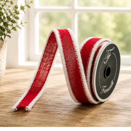 Farrisilk Frosty Burlap Wired Ribbon in Red and White — 1 Inch Christmas Accent Ribbon-RK374-02 Farrisilk