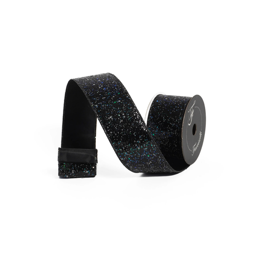 Glow in the Dark Glitter Wired Ribbon 2.5” x 10yd | Black Designer Ribbon-HR008-92 Farrisilk