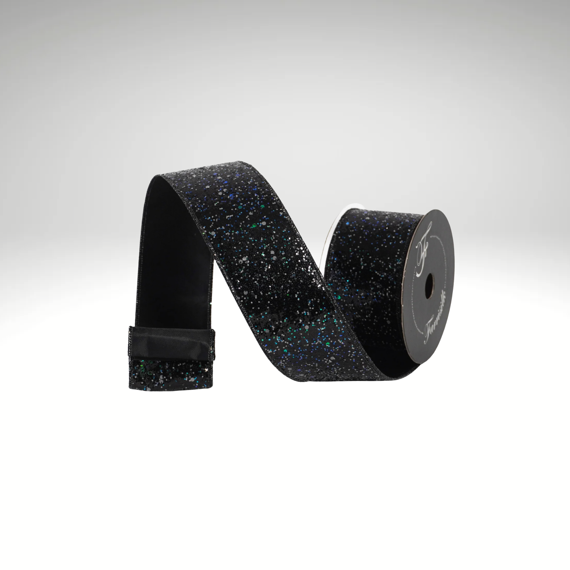 Glow in the Dark Glitter Wired Ribbon 2.5” x 10yd | Black Designer Ribbon-HR008-92 Farrisilk