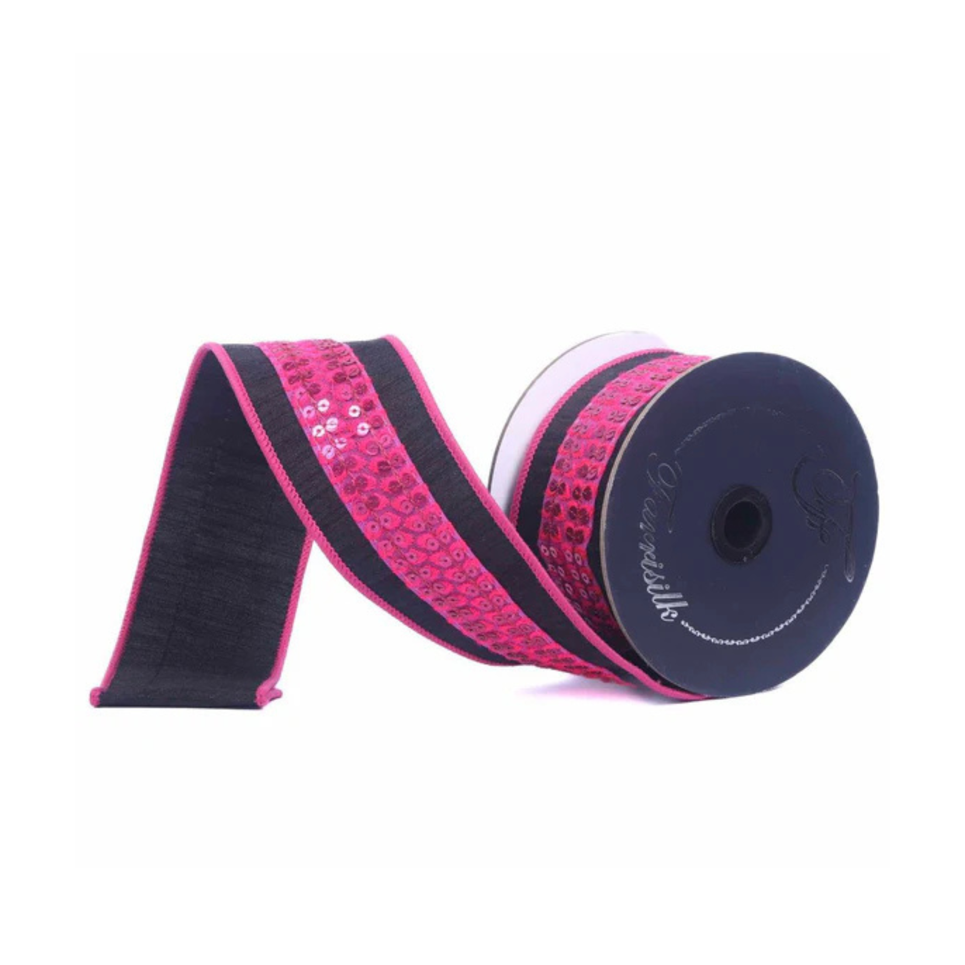Farrisilk Hot Pink Black Wired Ribbon 2.5 Inch 5 Yards-HR055-88 Farrisilk