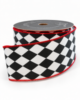 2.5" Farrisilk Red Black White Jester Diamond Wired Ribbon-RA691-32 Farrisilk