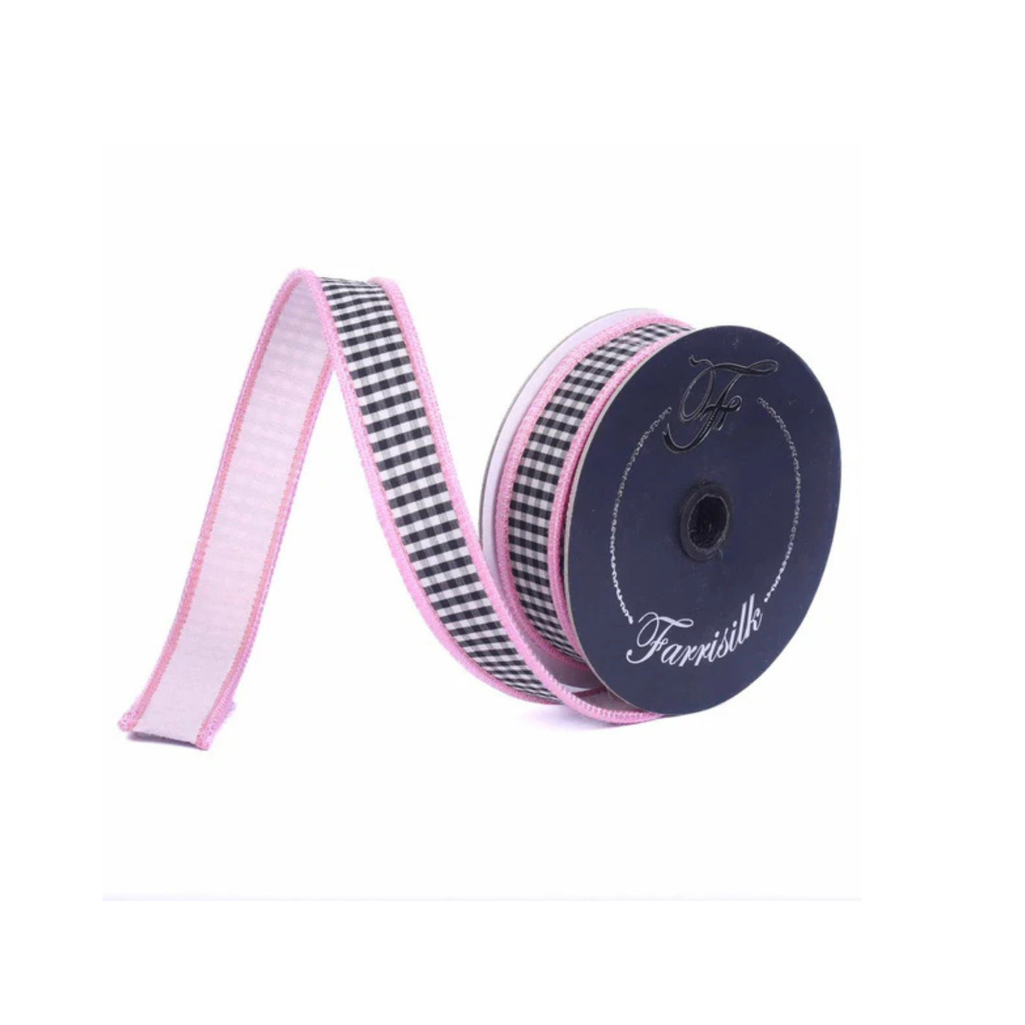Farrisilk Pink Black Check Wired Ribbon 1 Inch Colorblock-SR168-14 Farrisilk