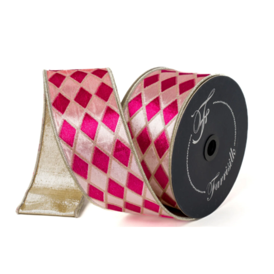 Farrisilk Sugar Plaid Velvet Diamonds Wired Ribbon – Pink & Gold Harlequin Designer 2.5"x10yd Farrisilk