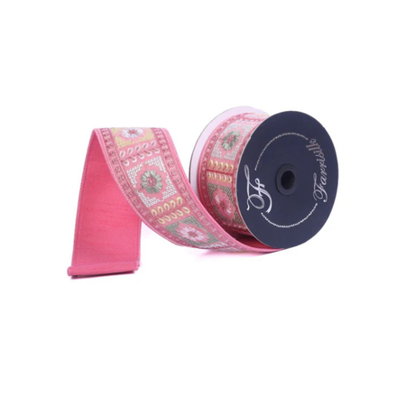 Farrisilk Pink Vintage Floral Wired Ribbon 2.5 Inch Designer Ribbon-RK145-74 Farrisilk