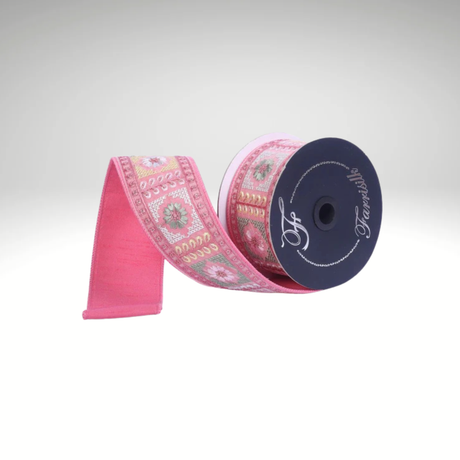Farrisilk Pink Vintage Floral Wired Ribbon 2.5 Inch Designer Ribbon-RK145-74 Farrisilk