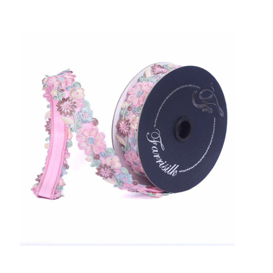 Farrisilk Pastel Floral Wired Ribbon 1 Inch Multicolor Petals-SR164-32 Farrisilk