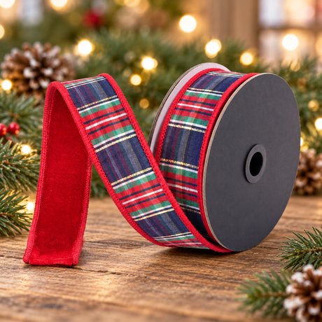 Farrisilk Plaid Plush Red Velvet Ribbon | Reversible Wired Ribbon | 1.5" x 10yd-RM004-25 Farrisilk