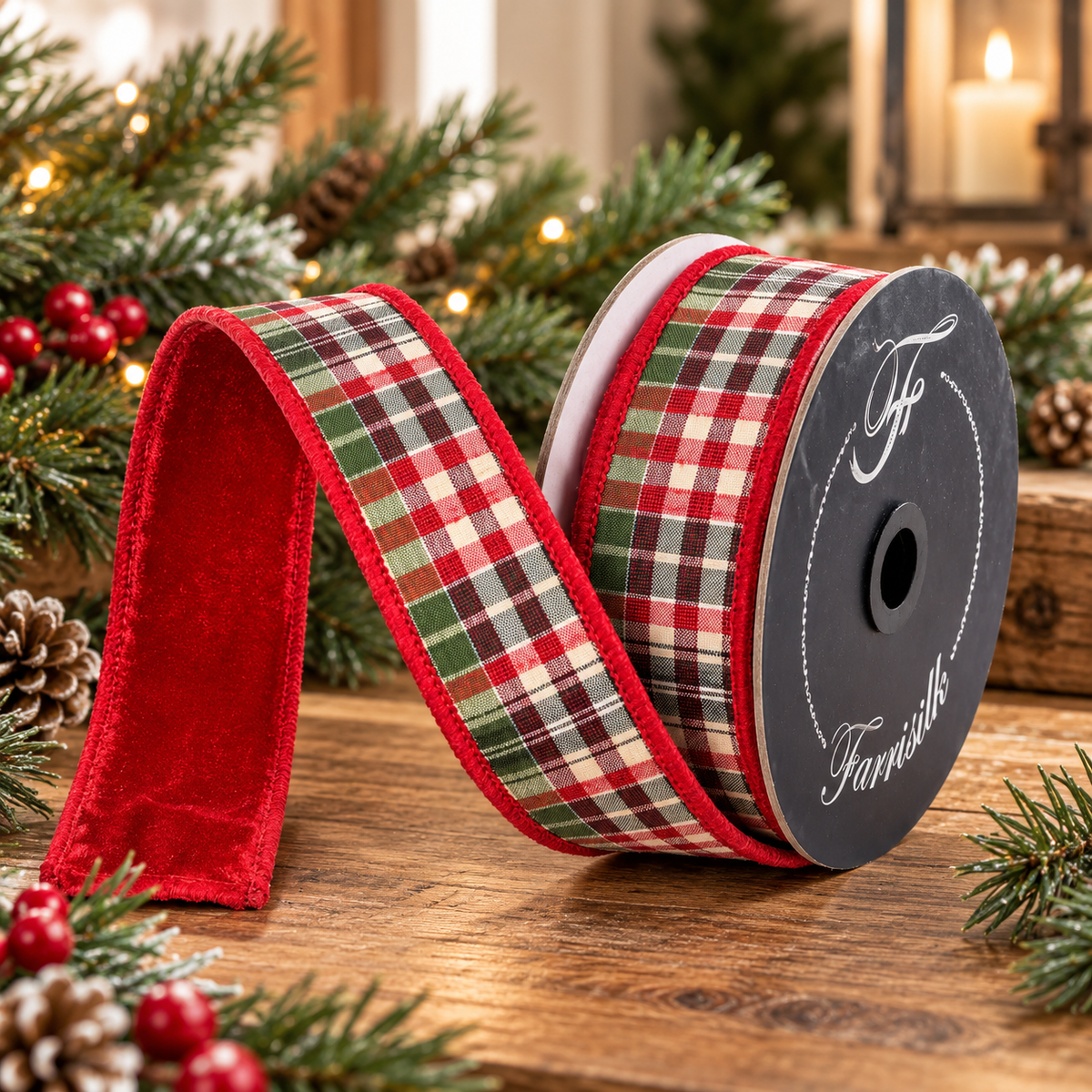 Farrisilk Plaid Plush Red Velvet Ribbon | Reversible Red Green Beige | 1.5" x 10yd-RM004-24 Farrisilk