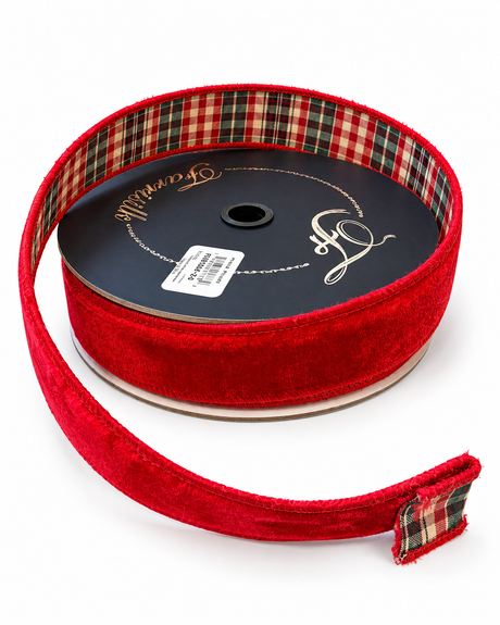 Farrisilk Plaid Plush Red Velvet Ribbon | Reversible Red Green Beige | 1.5" x 10yd-RM004-24 Farrisilk