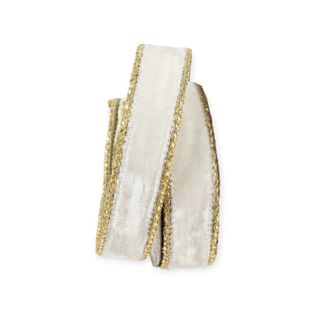 1" Ivory Velvet Wired Ribbon with Gold Trim | Farrisilk-RG809-62 Farrisilk