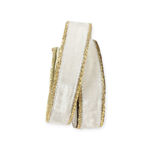 1" Ivory Velvet Wired Ribbon with Gold Trim | Farrisilk-RG809-62 Farrisilk
