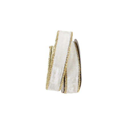 1" Ivory Velvet Wired Ribbon with Gold Trim | Farrisilk-RG809-62 Farrisilk