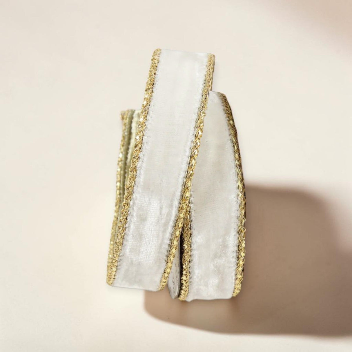 1" Ivory Velvet Wired Ribbon with Gold Trim | Farrisilk-RG809-62 Farrisilk