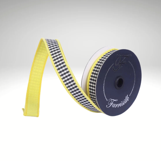 Farrisilk Yellow Black Check Wired Ribbon 1 Inch Colorblock-SR168-46 Farrisilk