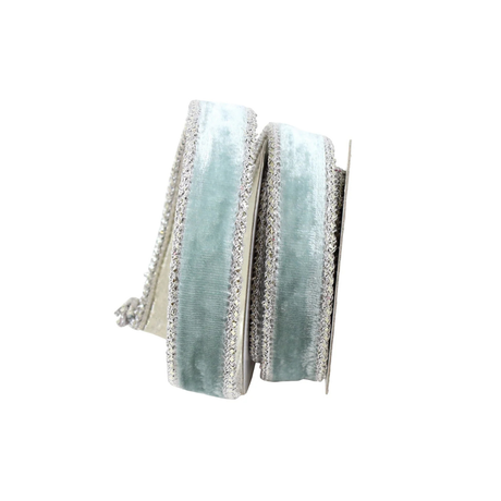 1" Light Blue Velvet Wired Ribbon with Silver Trim | Farrisilk-RG809-16 Farrisilk