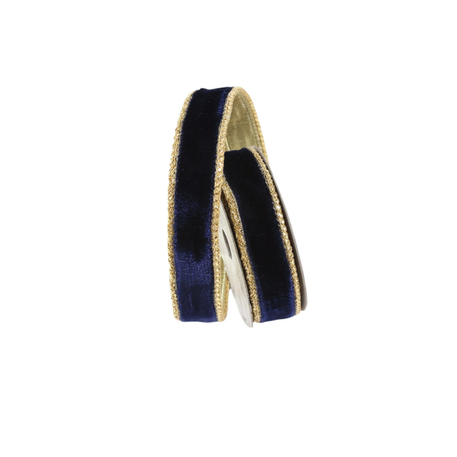 1" Navy Blue Velvet Wired Ribbon with Gold Trim | Farrisilk-RG809-21 Farrisilk