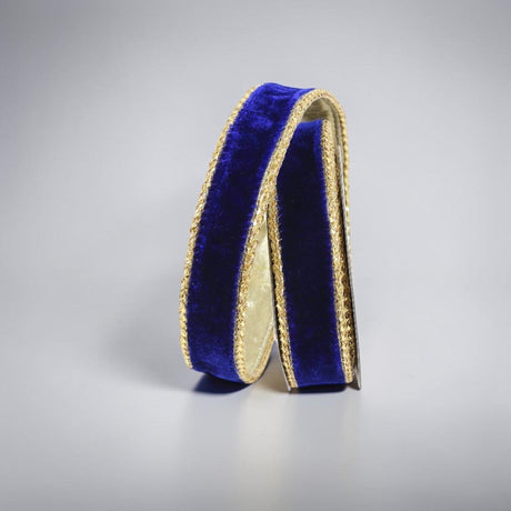 1" Royal Blue Velvet Wired Ribbon with Gold Trim | Farrisilk-RG809-26 Farrisilk