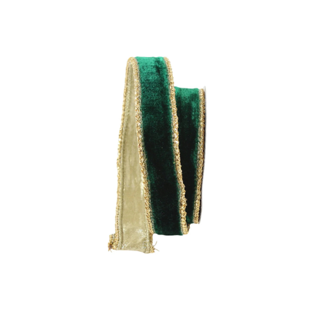 1" Emerald Green Velvet Wired Ribbon with Gold Trim | Farrisilk-RG809-55 Farrisilk