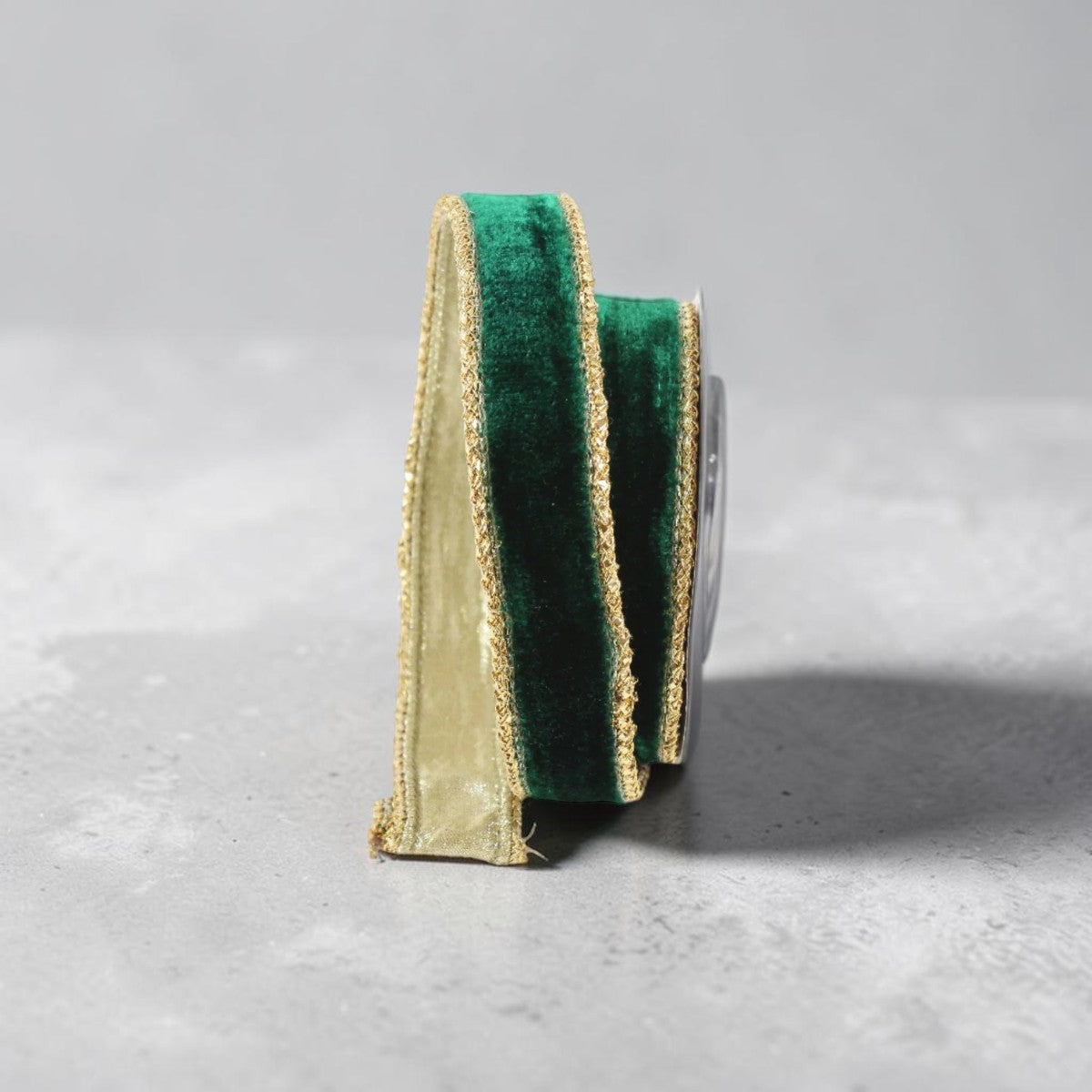 1" Emerald Green Velvet Wired Ribbon with Gold Trim | Farrisilk-RG809-55 Farrisilk