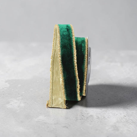 1" Emerald Green Velvet Wired Ribbon with Gold Trim | Farrisilk-RG809-55 Farrisilk