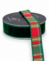 Farrisilk 1.5" Emerald Red Gold Plaid Plush Velvet Wired Ribbon-RM004-06 Farrisilk