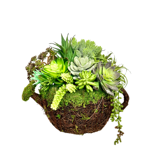 Faux Succulent Arrangement in Grapevine/Moss Watering Can Planter | 12x12 Inches | Indoor Greenery Decor for Home or Office I TCT Crafts TCTCrafts
