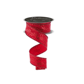 Red Foil Leaf Garland Ribbon | Wired Christmas Wreath Ribbon | 1.5" x 10yd-LS301924 Craig Bachman