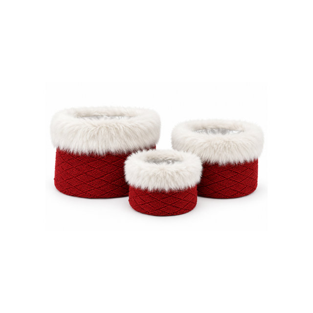 Red Knit Nesting Baskets with Vegan Fur Trim | Set of 3 Christmas Storage Baskets with Liners-54887A-RD K & K Interiors