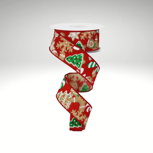 1.5"x10yd Gingerbread Cookies Christmas Wired Ribbon – Red Holiday Ribbon for Wreaths & Bows-RGE188424 Craig Bachman