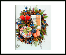 Load image into Gallery viewer, Large Fall Door Wreath – Blue and Orange Pumpkins, &#39;Give Thanks&#39; Sign, Floral &amp; Ribbon Accents – Seasonal Porch Décor-TCT1648