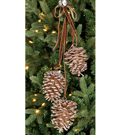 Glittered Pinecone Trio Cluster | Champagne/Taupe Ornament with Bell | 19" Cluster Impressive Enterprises, Inc.